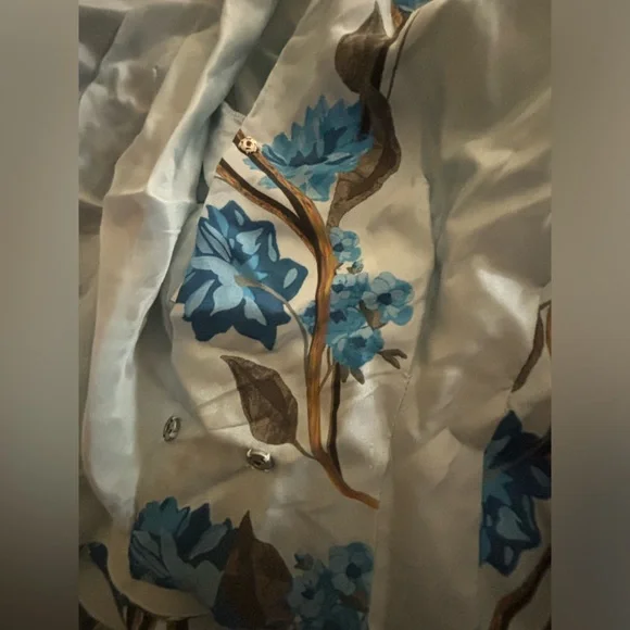 Alberta Ferretti White and Blue Wrap Blouse with Notched Collar